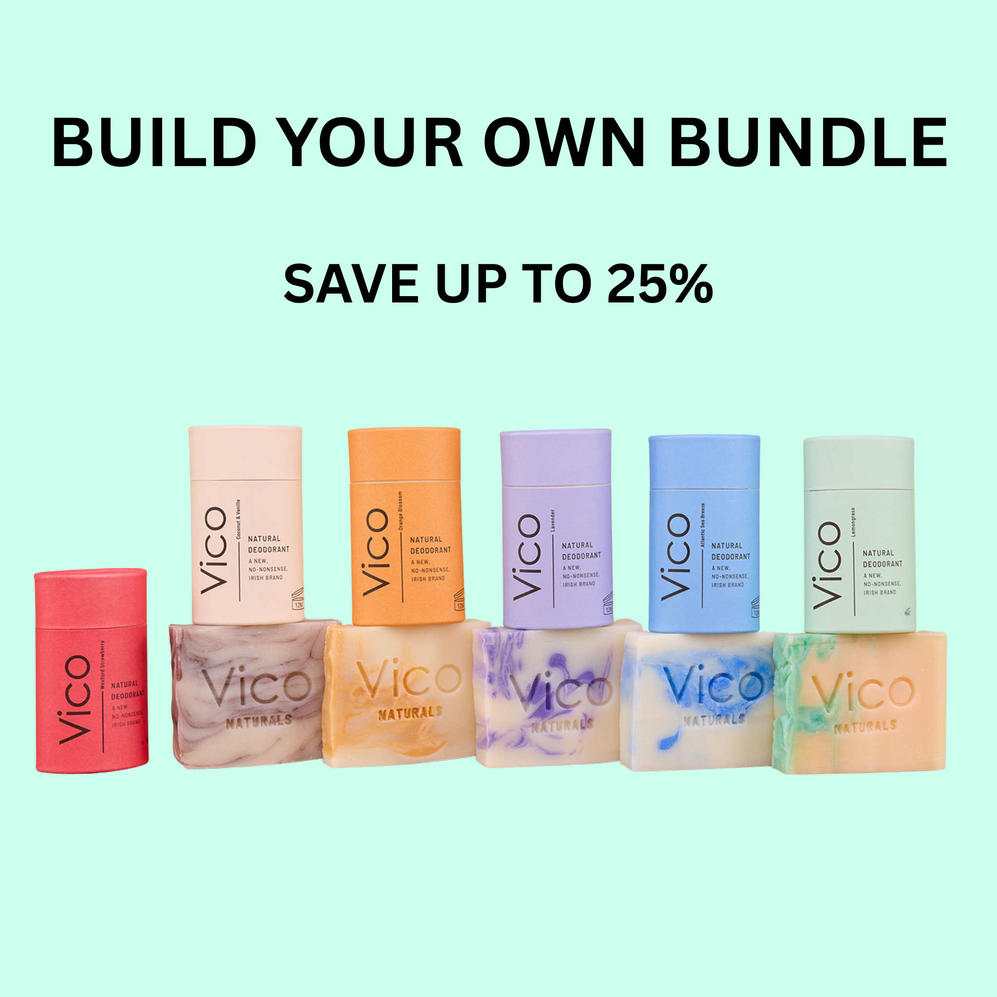Vico natural deodorants in various colors on a light green background with text build your own bundle